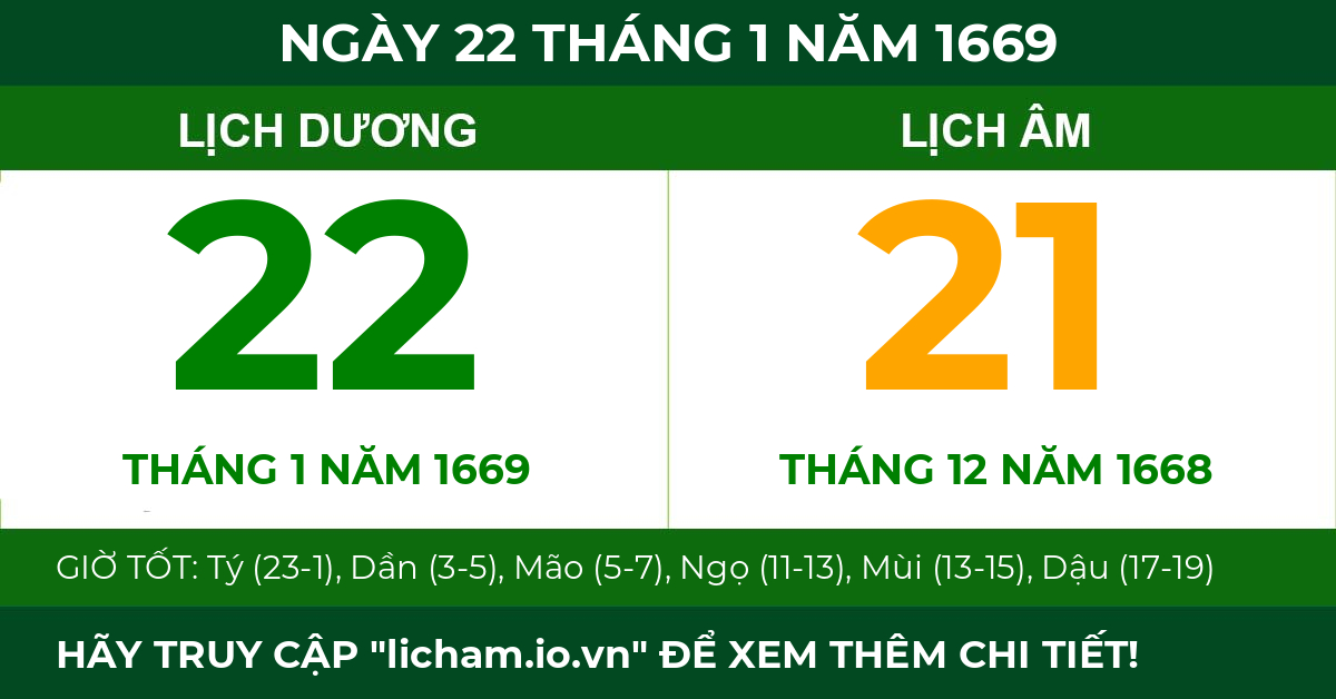 lịch âm ngày 22 tháng 1 năm 1669