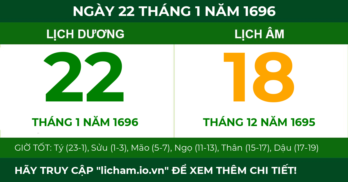 lịch âm ngày 22 tháng 1 năm 1696