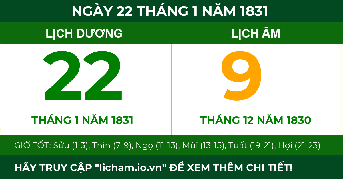 lịch âm ngày 22 tháng 1 năm 1831