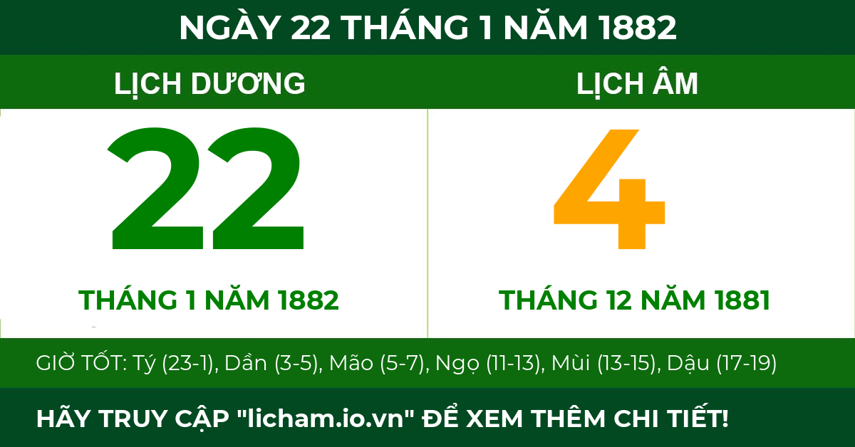 lịch âm ngày 22 tháng 1 năm 1882