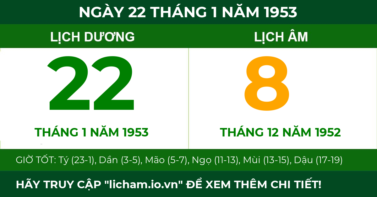 lịch âm ngày 22 tháng 1 năm 1953