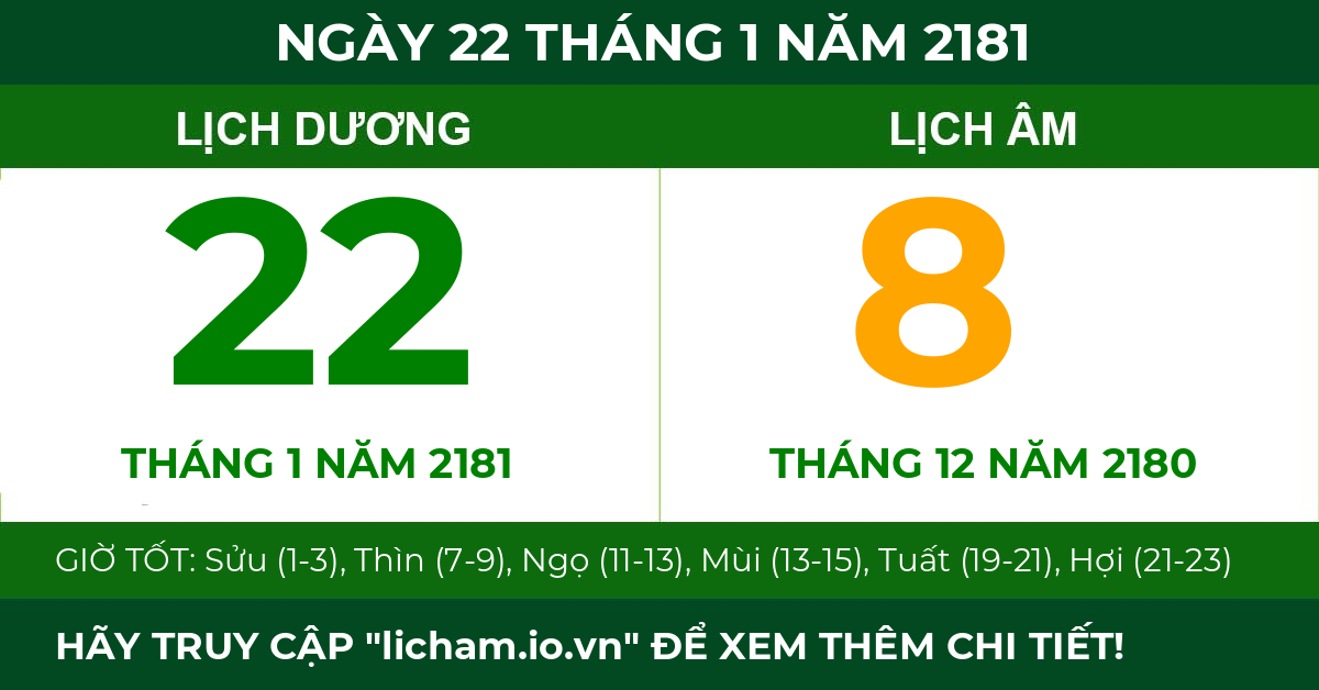 lịch âm ngày 22 tháng 1 năm 2181
