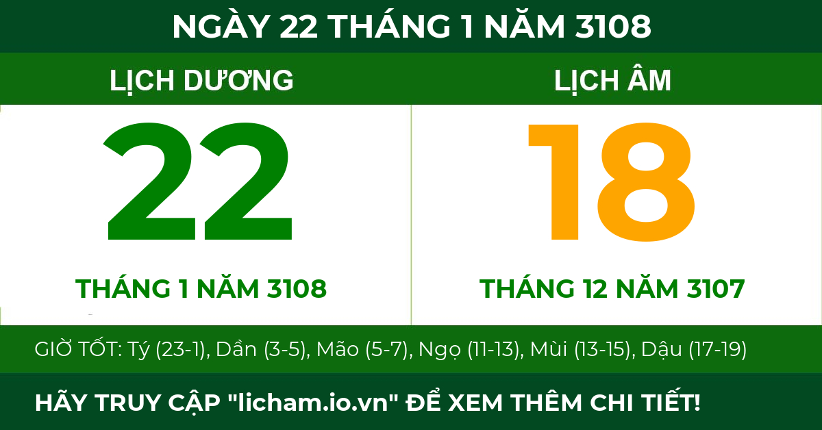lịch âm ngày 22 tháng 1 năm 3108
