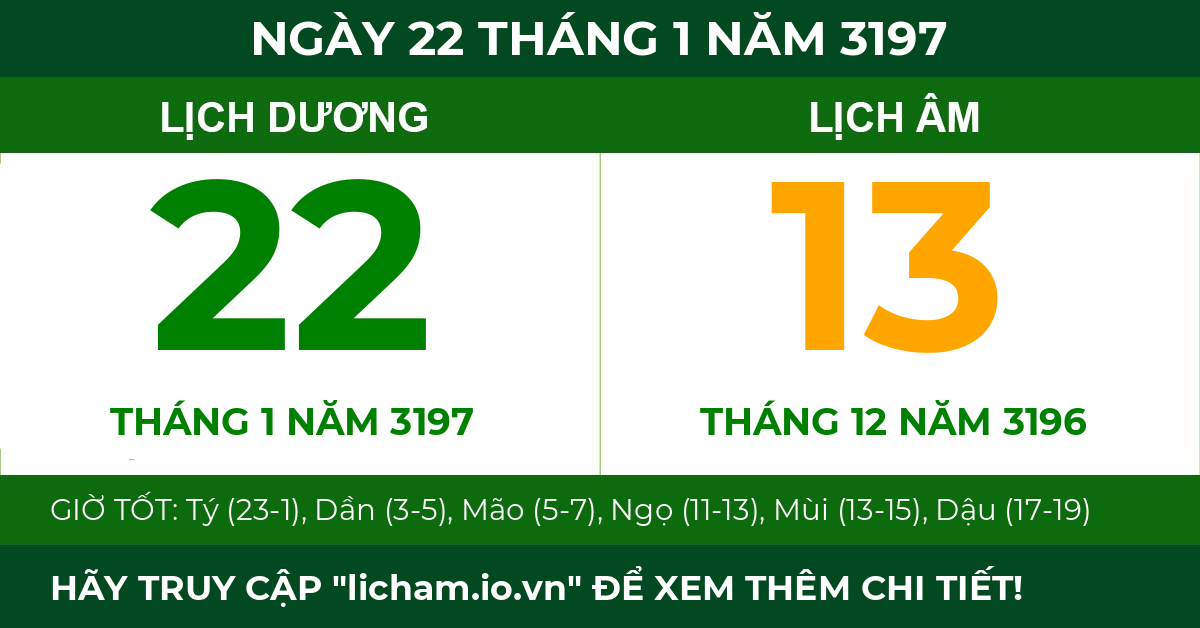 lịch âm ngày 22 tháng 1 năm 3197