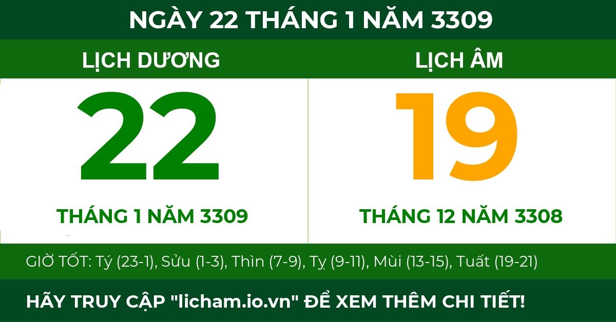 lịch âm ngày 22 tháng 1 năm 3309