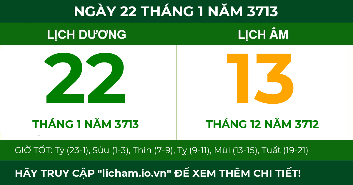 lịch âm ngày 22 tháng 1 năm 3713