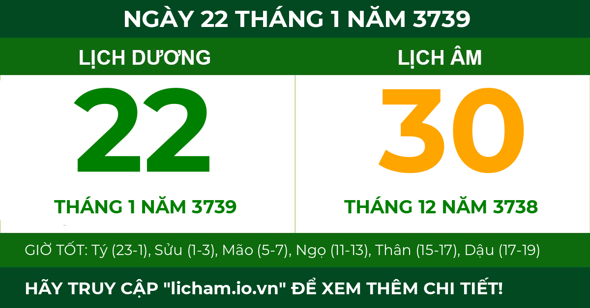 lịch âm ngày 22 tháng 1 năm 3739