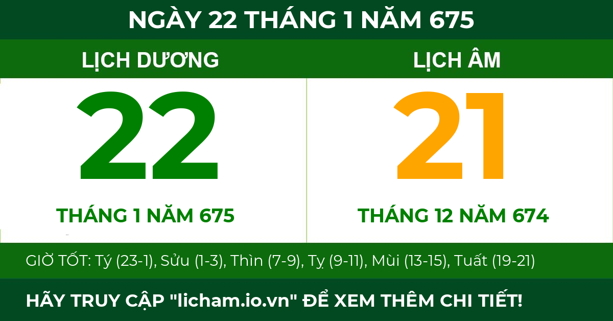 lịch âm ngày 22 tháng 1 năm 675