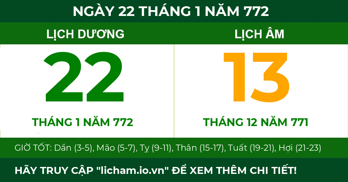 lịch âm ngày 22 tháng 1 năm 772