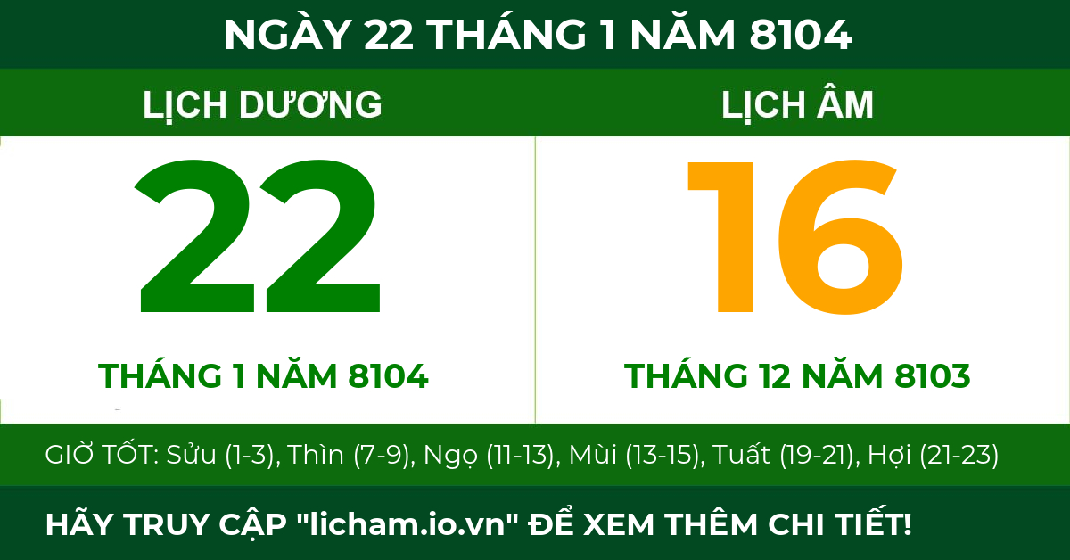 lịch âm ngày 22 tháng 1 năm 8104