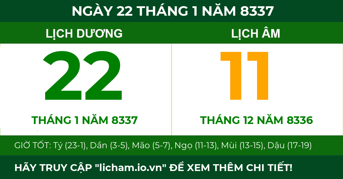 lịch âm ngày 22 tháng 1 năm 8337