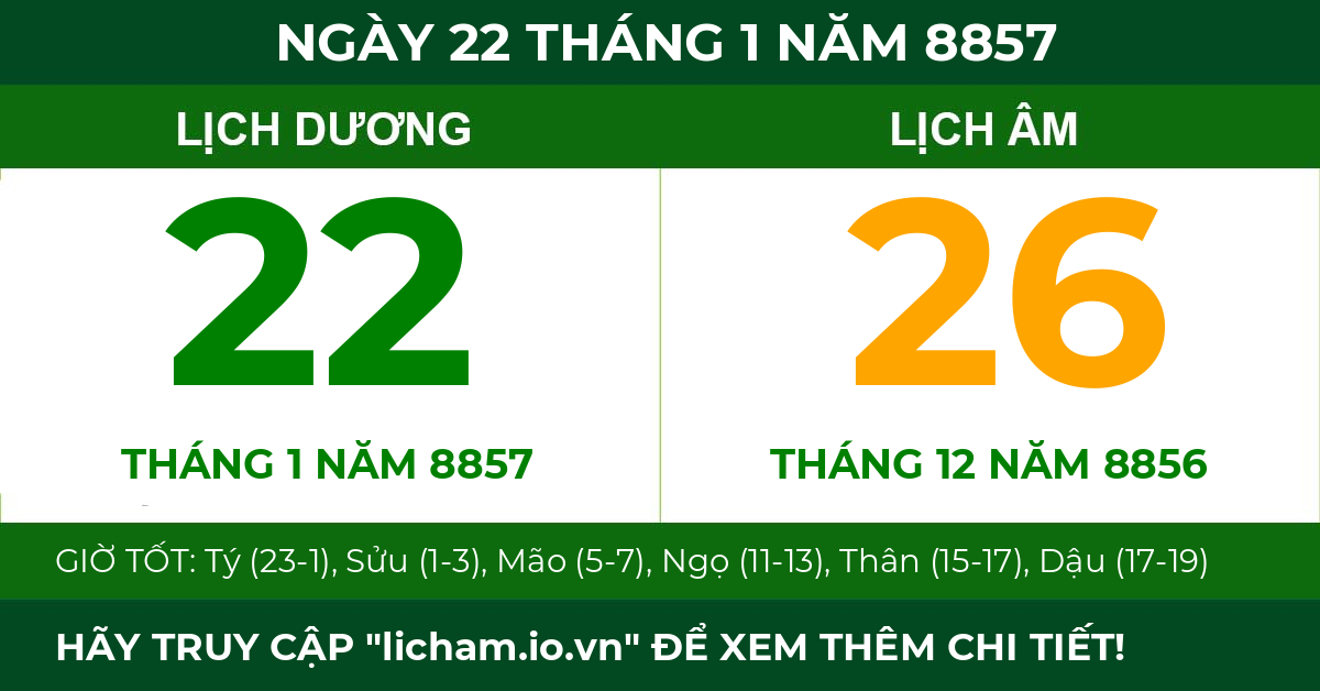 lịch âm ngày 22 tháng 1 năm 8857