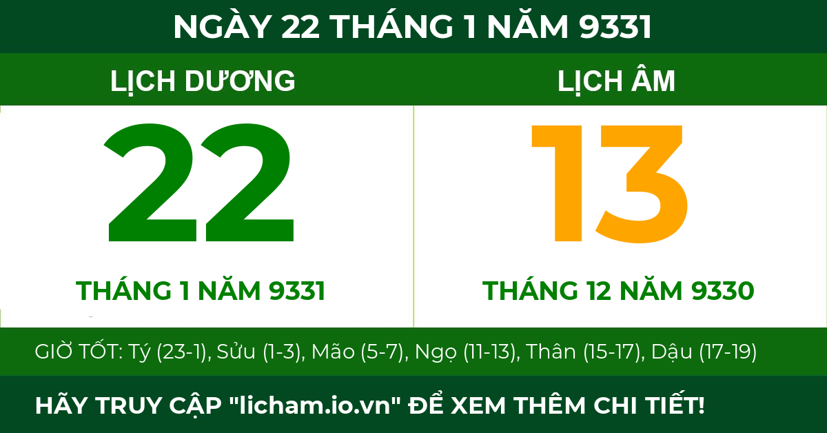 lịch âm ngày 22 tháng 1 năm 9331