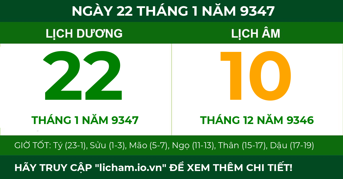 lịch âm ngày 22 tháng 1 năm 9347
