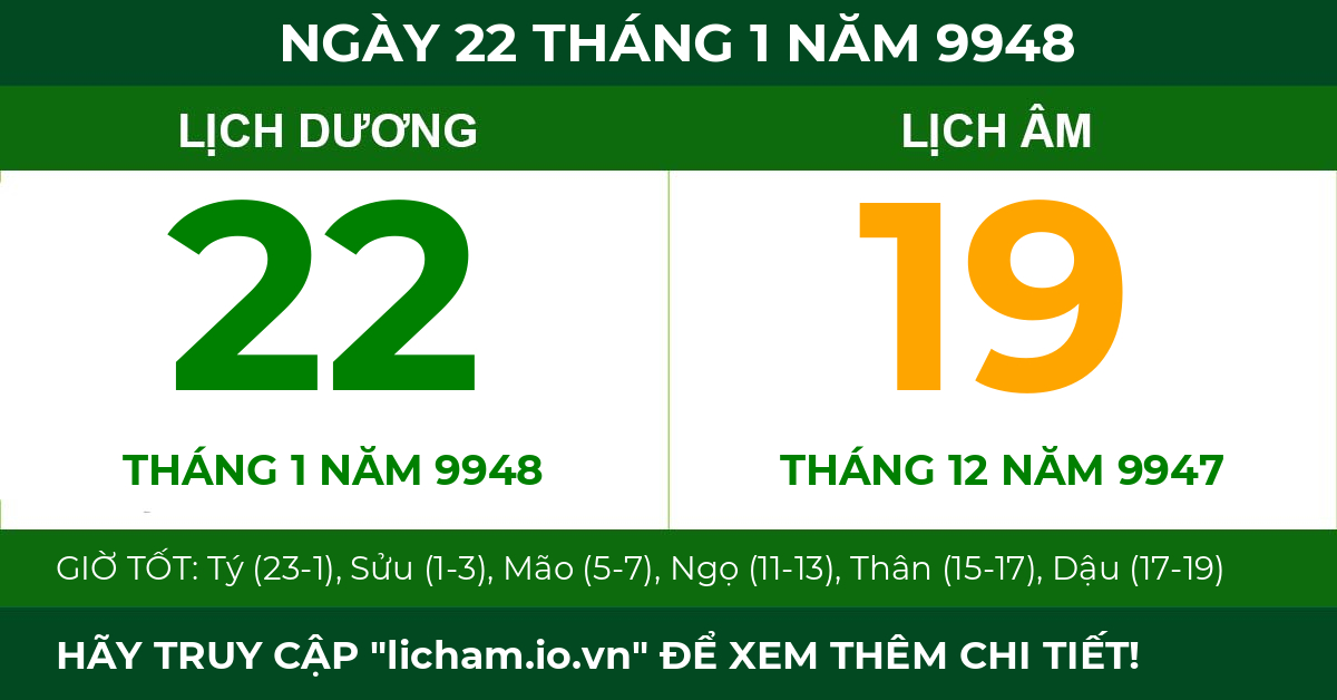lịch âm ngày 22 tháng 1 năm 9948