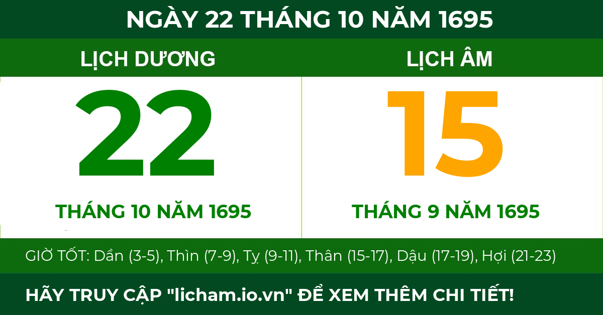lịch âm ngày 22 tháng 10 năm 1695