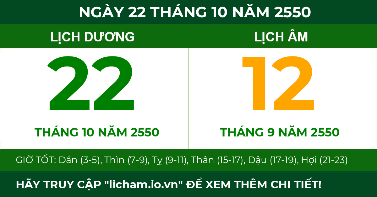 lịch âm ngày 22 tháng 10 năm 2550