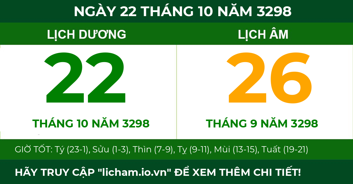 lịch âm ngày 22 tháng 10 năm 3298