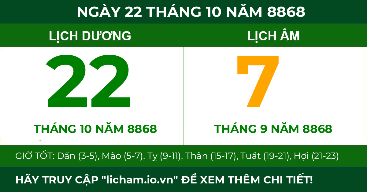 lịch âm ngày 22 tháng 10 năm 8868