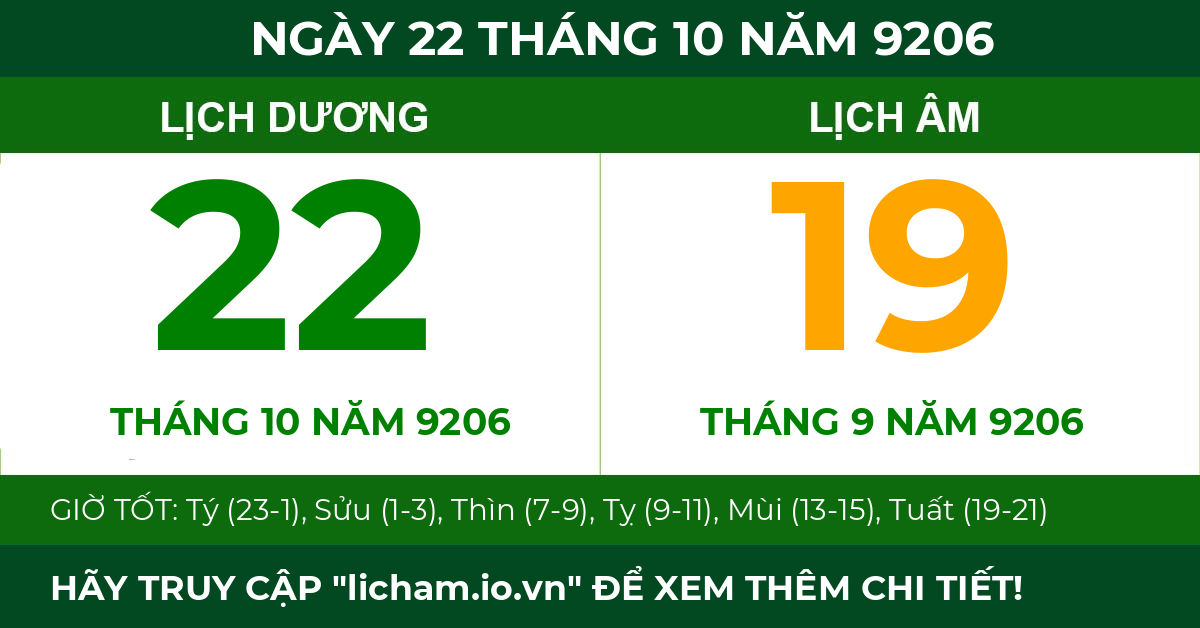 lịch âm ngày 22 tháng 10 năm 9206