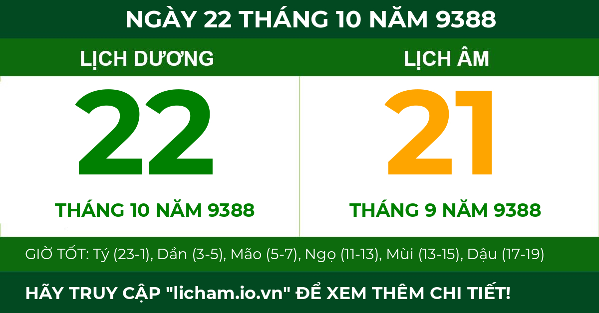lịch âm ngày 22 tháng 10 năm 9388