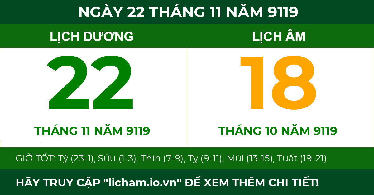 lịch âm ngày 22 tháng 11 năm 9119