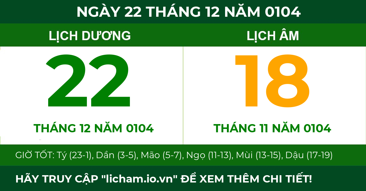 lịch âm ngày 22 tháng 12 năm 0104