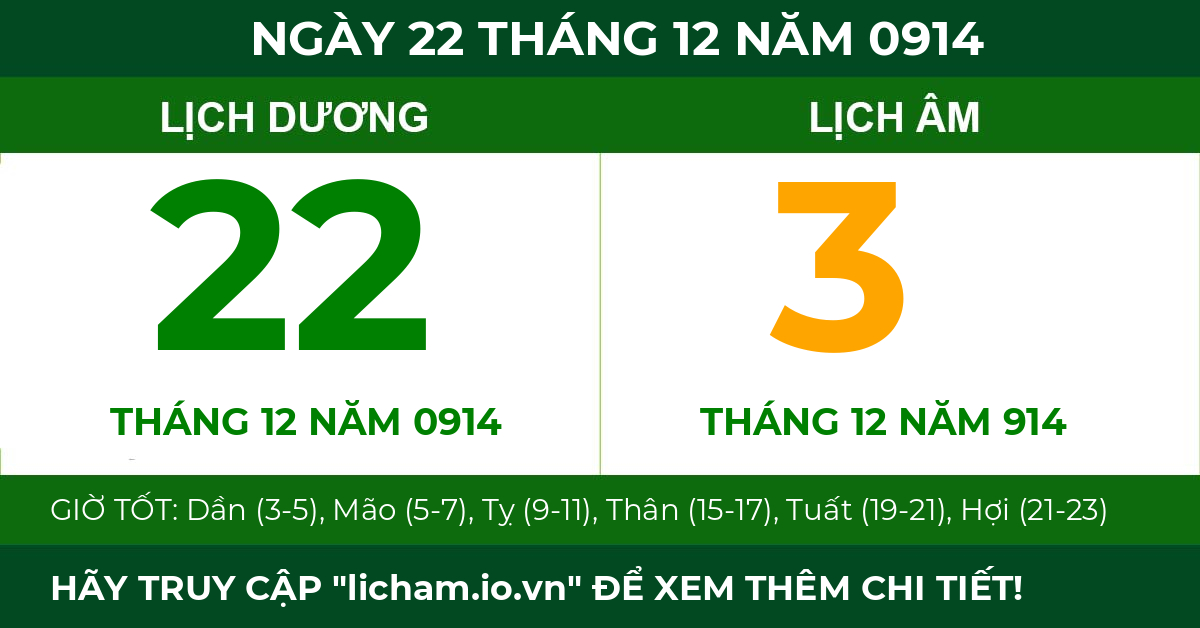 lịch âm ngày 22 tháng 12 năm 0914