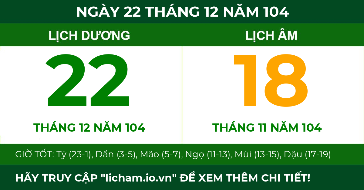 lịch âm ngày 22 tháng 12 năm 104