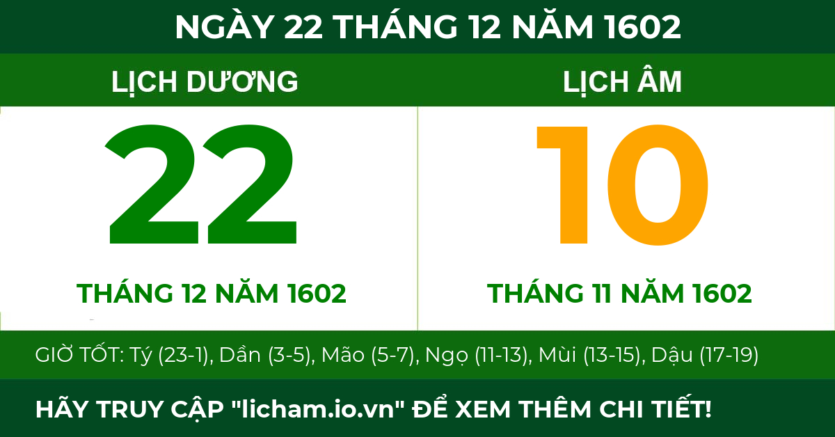 lịch âm ngày 22 tháng 12 năm 1602