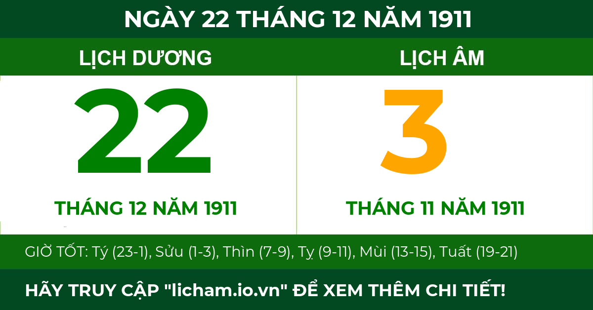 lịch âm ngày 22 tháng 12 năm 1911