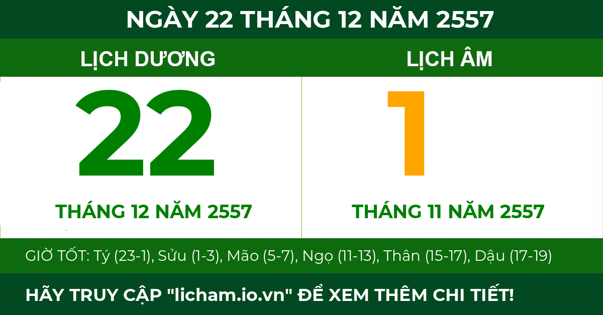 lịch âm ngày 22 tháng 12 năm 2557