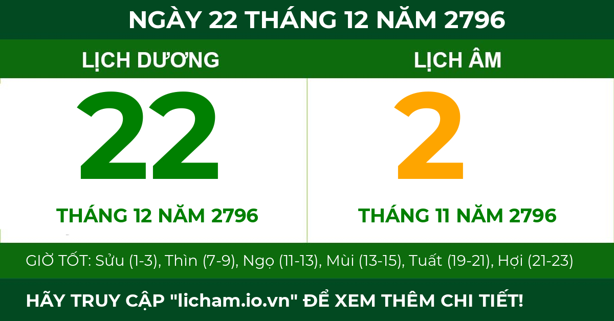lịch âm ngày 22 tháng 12 năm 2796