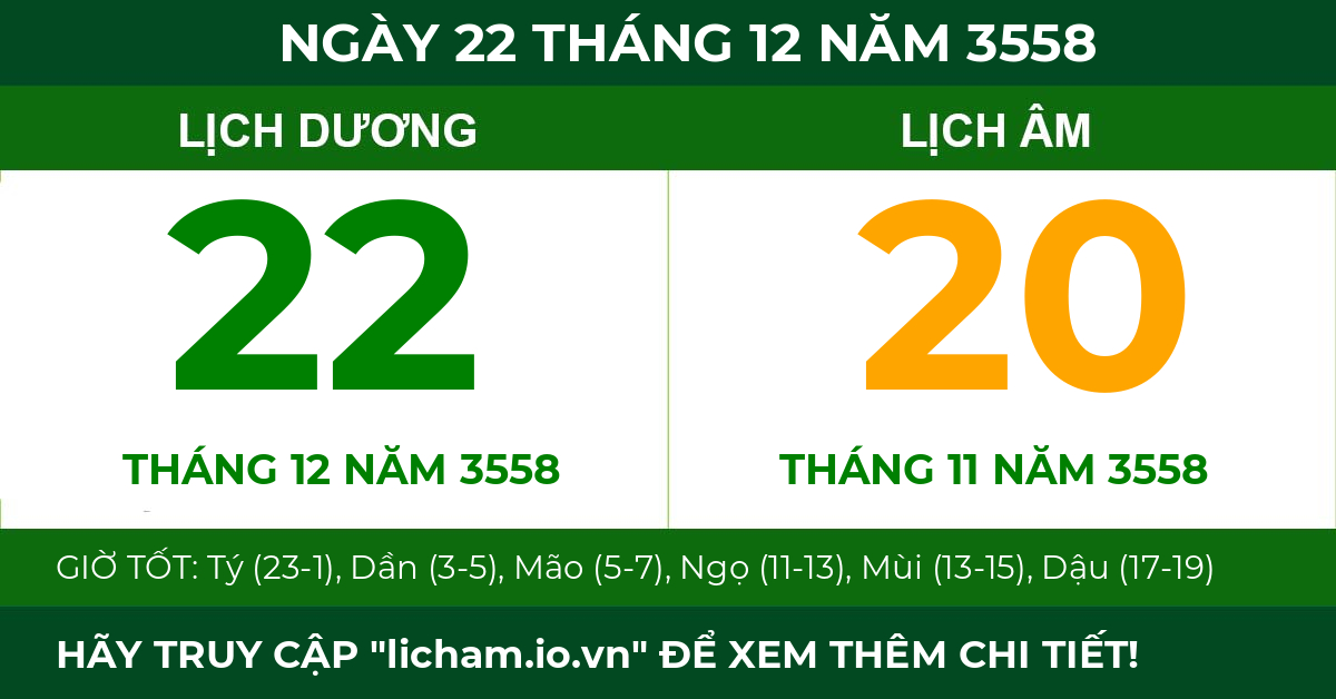 lịch âm ngày 22 tháng 12 năm 3558