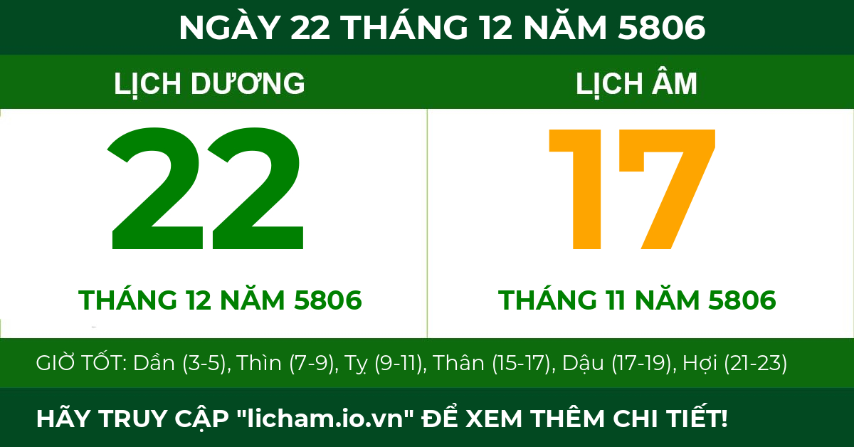 lịch âm ngày 22 tháng 12 năm 5806