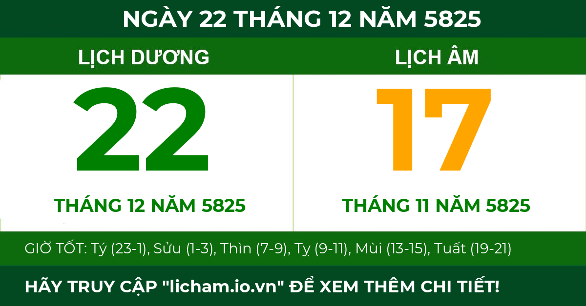 lịch âm ngày 22 tháng 12 năm 5825