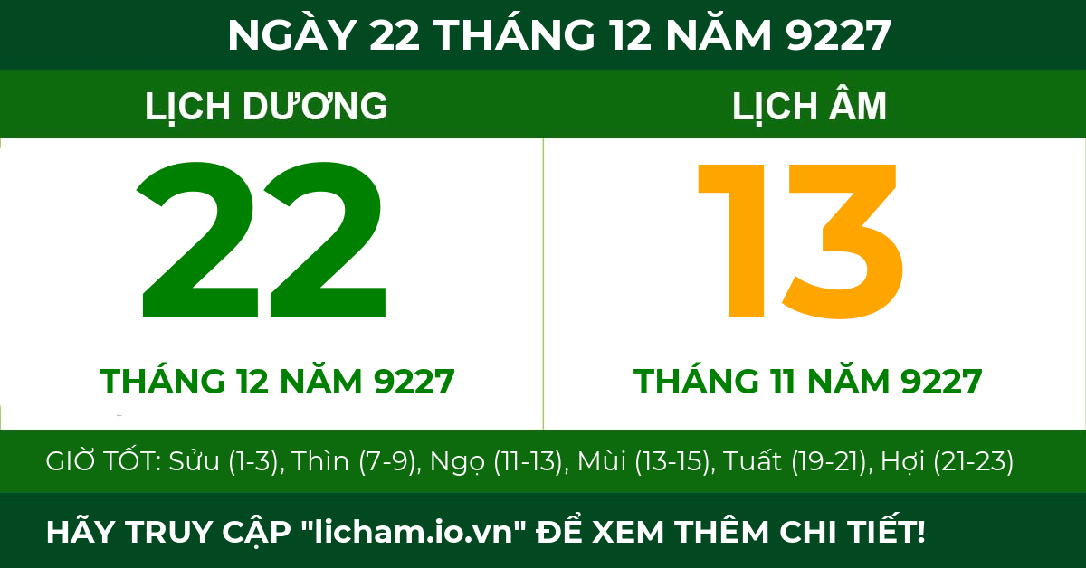 lịch âm ngày 22 tháng 12 năm 9227