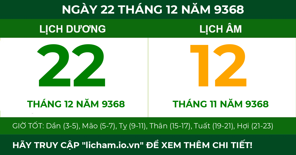 lịch âm ngày 22 tháng 12 năm 9368