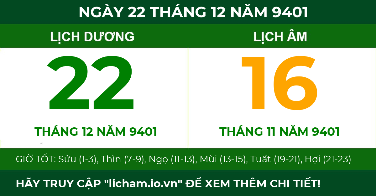 lịch âm ngày 22 tháng 12 năm 9401