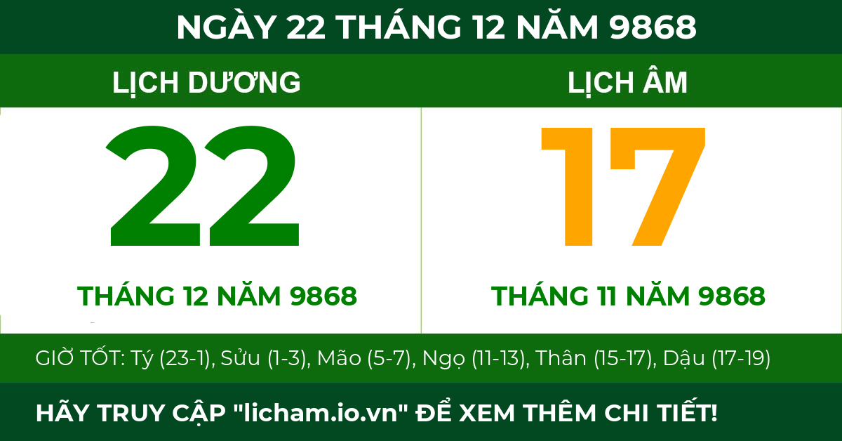 lịch âm ngày 22 tháng 12 năm 9868