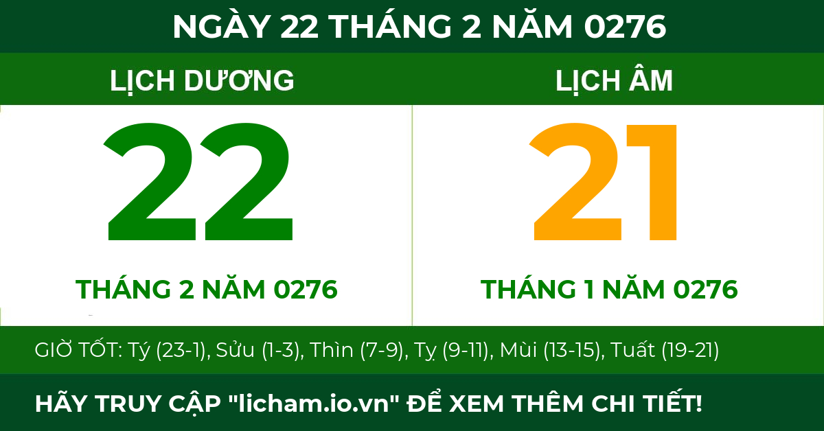 lịch âm ngày 22 tháng 2 năm 0276