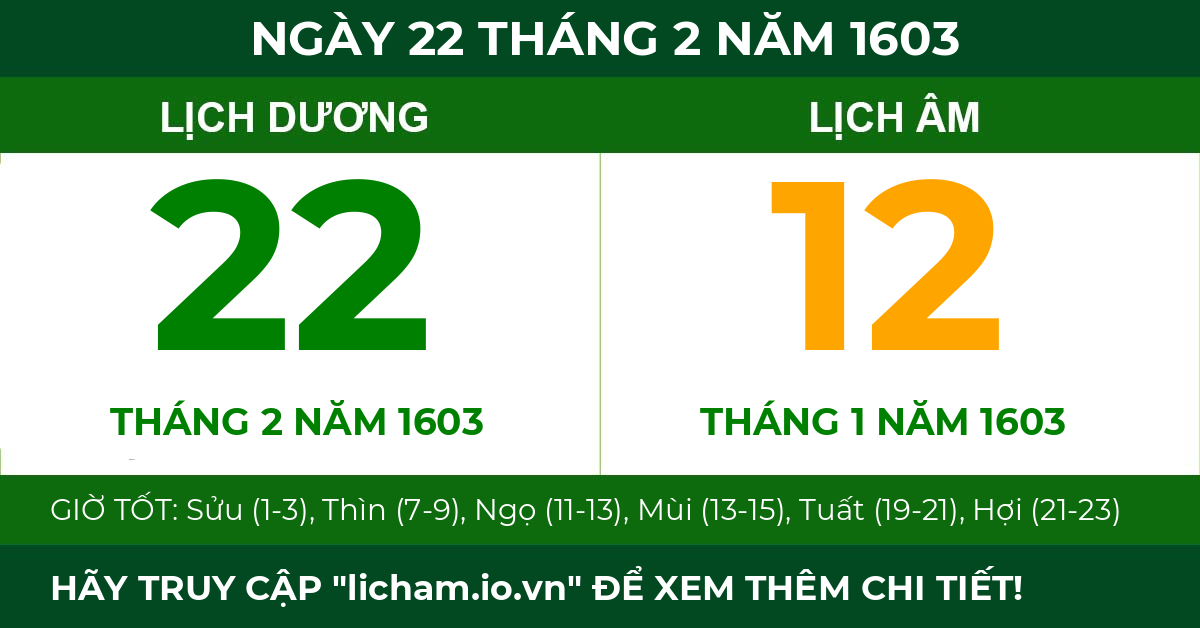 lịch âm ngày 22 tháng 2 năm 1603
