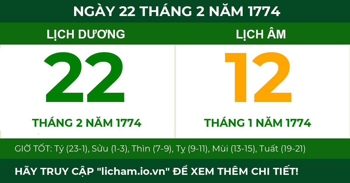 lịch âm ngày 22 tháng 2 năm 1774