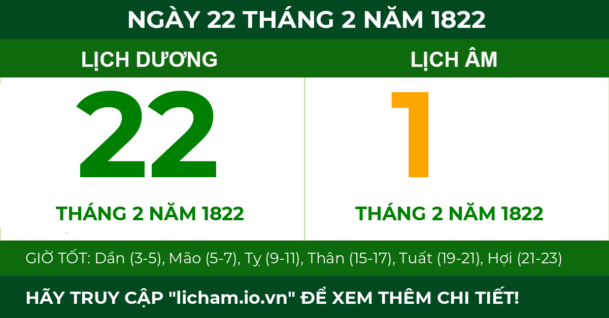 lịch âm ngày 22 tháng 2 năm 1822