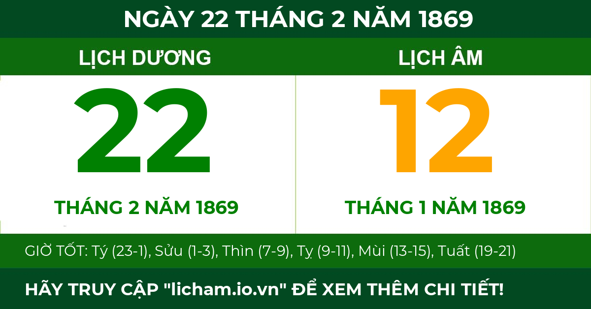 lịch âm ngày 22 tháng 2 năm 1869