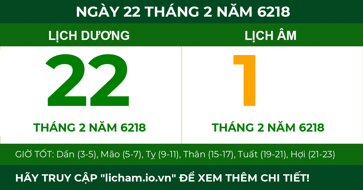 lịch âm ngày 22 tháng 2 năm 6218