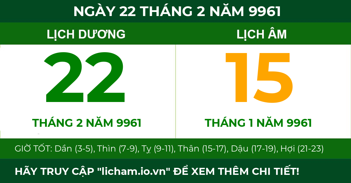 lịch âm ngày 22 tháng 2 năm 9961