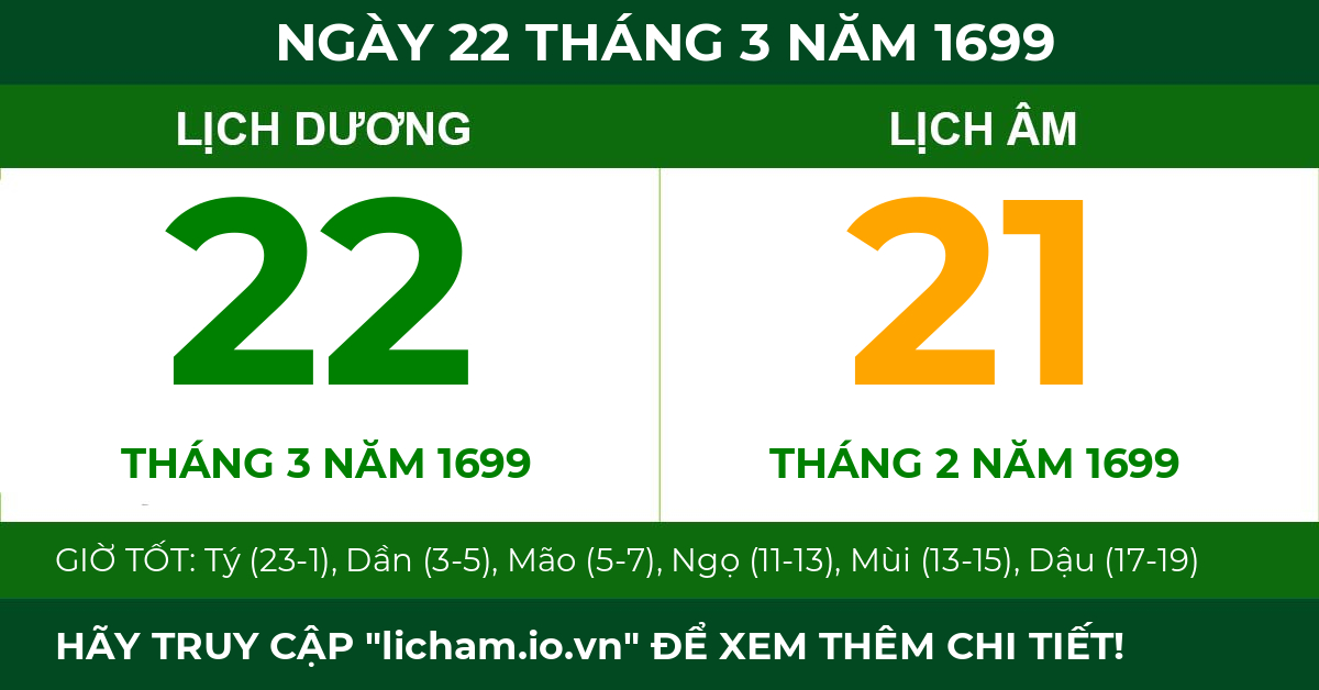 lịch âm ngày 22 tháng 3 năm 1699