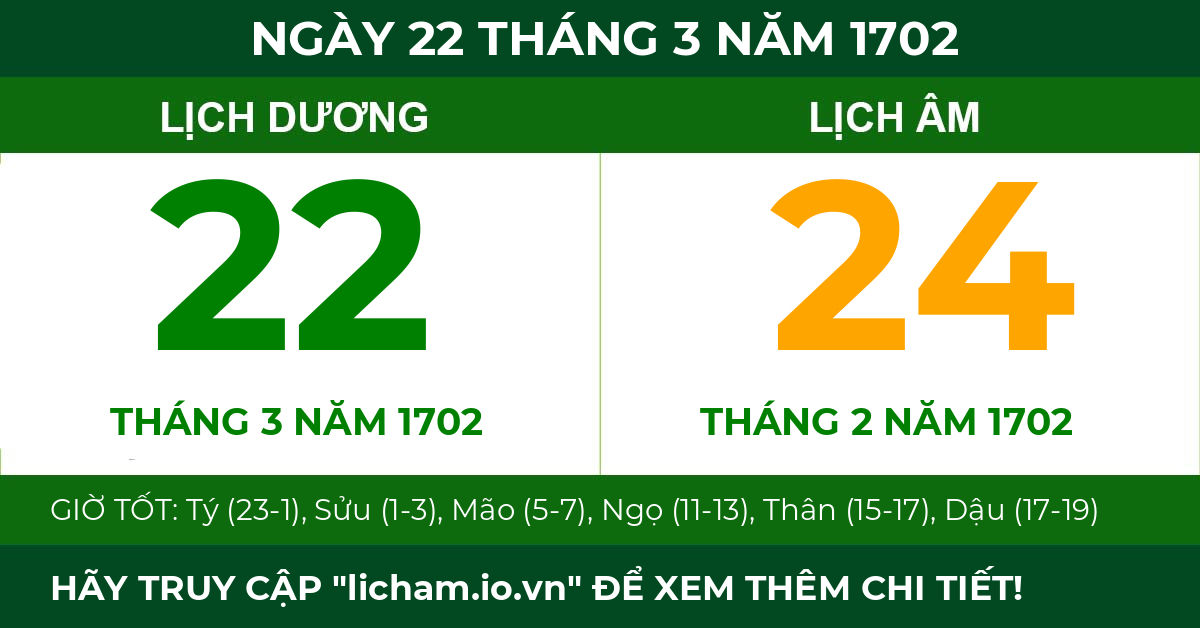 lịch âm ngày 22 tháng 3 năm 1702