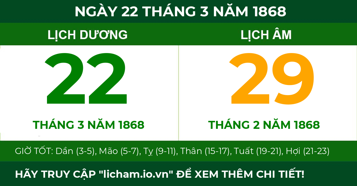 lịch âm ngày 22 tháng 3 năm 1868